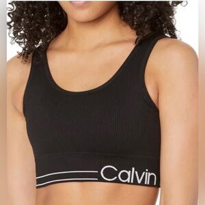 NWT Calvin Klein Performance Black Ribbed Logo Medium Impact Sports Bra, Size XS